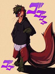 3:4 anthro black_clothing black_hoodie black_topwear briefs bulge clothing drawyourfursona hi_res hoodie hoodie/briefs_meme jojo_reference lutrine male male_only mammal meme meme_clothing mustelid original_character simple_background solo standing topwear underwear unknown_artist white_clothing white_underwear