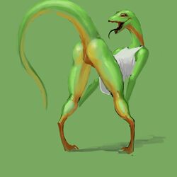 1:1 animal_genitalia anthro ass bent_over bottomless cloaca clothed clothing female genitals green_background green_body hi_res lizard looking_at_viewer looking_back meandraco open_mouth presenting presenting_hindquarters rear_view red_eyes reptile scalie shirt simple_background solo tongue tongue_out topwear