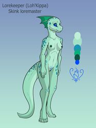 3:4 anthro bastiel blue_eyes blue_spots breasts female green_body green_scales hi_res lizardman_(warhammer_fantasy) lorekeeper_(character) model_sheet pubic_tattoo scales skink_(warhammer_fantasy) small_breasts solo spots warhammer_(franchise) warhammer_fantasy