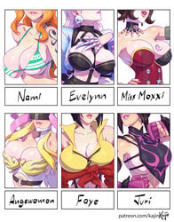 6girls alternate_costume angewomon big_breasts bikini blue_tattoo borderlands breast_chart breasts cleavage cowboy_bebop crossover digimon evelynn faye_valentine female female_only huge_breasts juri_han k/da_all_out_evelynn k/da_all_out_series kajinman league_of_legends mad_moxxi nami nami_(one_piece) one_piece orange_hair six_fanarts_challenge street_fighter striped_bikini tattoo tattoo_on_arm tattooed_arm text