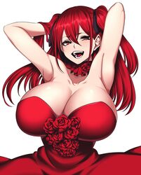 1girls aka_noju armpits arms_behind_head arms_up big_breasts camui_kamui_(hz_666v) cute dress female female_only huge_breasts large_breasts light-skinned_female light_skin long_hair open_mouth original red_dress red_eyes red_hair solo thick thin thin_waist top_heavy voluptuous white_background