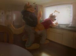 2boys absurd_res annoyed anthro anthro_on_anthro arched_back ass balls bent_over biped canid canine canis chuckling clothed clothing deli_(delirost) domestic_dog duo english_text erection father father_and_child father_and_son fingers fur gay genitals hair hi_res humanoid_genitalia humanoid_penis imminent_anal imminent_sex incest inside looking_back male male/male male_only mammal orf pants_down parent parent_and_child partially_clothed paws penis perineum son standing text toes vic_(delirost) yaoi yellow_body yellow_fur yellow_tail