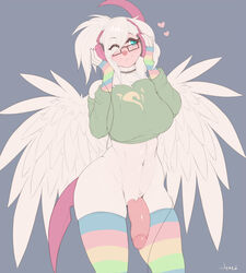 1futa 2020 absol arm_warmers armwear blue_eyes bottomless breasts clothed clothing collar conditional_dnp cute feathered_wings feathers furry futa_only futanari genitals green_clothing green_sweater green_topwear headphones heart herm hi_res huge_breasts humanoid humanoid_genitalia humanoid_penis intersex leg_warmers legwear mega_absol mega_evolution multicolored_armwear multicolored_clothing multicolored_legwear nintendo no_testicles partially_clothed penis pink_penis pokémon_(species) pokemon pokemon_(species) pokemorph portrait rainbow_armwear rainbow_clothing rainbow_legwear shiny_pokemon shyama simple_background skindentation solo sweater thighhighs three-quarter_portrait topwear video_games white_body wide_hips wings wyntersun