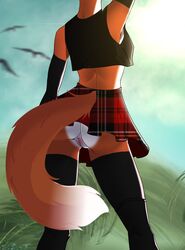 anthro ass black_fur canine eamart female_fox female_only genitals mammal plaid punk pussy racerdragon red_fox red_fur skirt solo stockings vulpine white_fur