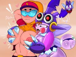 2girls bea_(brawl_stars) blue-tinted_eyewear brawl_stars breast_grab breasts cap eyewear female hoodie horny_female huge_breasts imminent_sex jacket jacksito_(artist) max_(brawl_stars) mega_beetle_bea_(brawl_stars) multiple_girls nipples streetwear streetwear_max supercell tagme tinted_eyewear visor visor_(eyewear) visor_glasses yuri