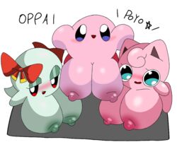 ball_with_hyper_features big_breasts blue_eyes blush blushing_at_viewer boo_(mario) breasts crossover cute cute_face ebi10000000000 female female_only females females_only ghost ghost_girl green_eyes grey_body grey_skin happy happy_face jigglypuff kirby kirby_(series) lady_bow looking_at_viewer mario_(series) nintendo paper_mario pink_body pink_skin pokemon pokemon_(species) red_eyes red_ribbon super_smash_bros. super_smash_bros._ultimate