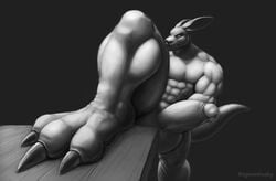 2019 3_toes abs absurd_res anthro balls big_balls big_penis erection foot_focus foot_on_table genitals hi_res huge_balls huge_cock humanoid_genitalia humanoid_penis kangaroo macropod male male_only mammal marsupial monochrome muscular muscular_anthro muscular_arms muscular_legs muscular_male penis restricted_palette solo symmhusky toes