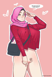 blue_eyes bolapistarize bottomless clothing erect_nipples erect_nipples_under_clothes hijab nipples pantless pubic_hair translated
