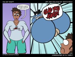 2020 anthro ass big_ass big_butt black_border blastoise blue_body border bottomwear brown_body brown_hair brown_skin clothing comic duo english_text female genitals hi_res human long_sleeves male mammal nintendo pokémon_(species) pokemon pokemon_(species) pussy shell shirt shorts signature sketchybug speech_bubble t-shirt text topwear turtle_shell url video_games