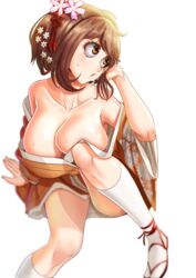 1girls arm_support bare_shoulders big_breasts breasts brown_eyes brown_hair cleavage clothing female female_only flower hair_ornament kanzashi kimono knee_up large_breasts long_hair long_socks my_hero_academia nico-mo ochako_uraraka open_mouth sandals shounen_jump simple_background sitting socks sweat sweatdrop tied_hair waraji white_background