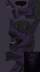 9:16 absurd_res ambiguous_gender anthro black_body black_fur black_sclera black_tongue canid canine canis comic dragon duo english_text facial_hair fur furred_dragon gaping_mouth goatee grey_body grey_fur handheld hi_res in_mouth internal macro mammal micro morosi on_tongue open_mouth oral_vore purple_body purple_eyes purple_fur sharp_teeth simple_background sound_effects speech_bubble swallowing teeth text tongue vahldem vahldem_sol vore wolf