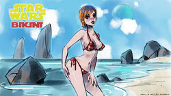 1girls alexeyv beach big_breasts bikini blush breasts brown_eyes cleavage colored_hair curvy dyed_hair female hand_on_ass hazel_eyes looking_at_viewer mandalorian multicolored_hair nipples orange_hair polka_dot_bikini pose sabine_wren short_hair solo star_wars star_wars_rebels text watermark wide_hips