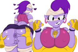 2d big_breasts brawl_stars emz_(brawl_stars) jacksito_(artist) male_pov paizuri partially_clothed poco_(brawl_stars) pov purple-skinned_female purple_hair purple_skin smile tagme titfuck titjob