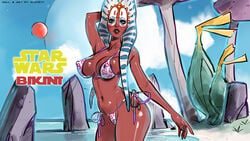 1girls alexeyv alien beach belly bikini blue_eyes curvy female floral_print jedi large_breasts looking_at_viewer one_hand_behind_head red_skin shaak_ti side-tie_bikini star_wars text togruta voluptuous