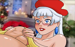 1boy 1girls age_difference big_nails big_penis blue_eyes blush blushing christmas_elf faceless_male female female_focus gilf glasses human male mature_female meet_'n'_fuck_games meet_and_fuck mrs._claus older_female pale-skinned_female pale-skinned_male red_lipstick santa_hat sparky_(mnf) white_hair younger_male