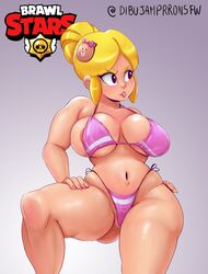 1girls areola_slip areolae ass barely_contained big_ass big_breasts bikini blonde_hair blush brawl_stars breasts bursting_breasts choco_piper_(brawl_stars) grey_background hair_bun hair_ornament hand_on_thigh looking_away muscular_female navel overflowing_breasts piper_(brawl_stars) pussy pussy_peek side_view sidelocks skindentation solo standing supercell thick_eyebrows thick_thighs torule34 underboob watermark