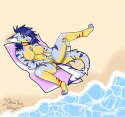 anthro axela beach breasts digimon digimon_(species) digital_media_(artwork) exposed_breasts female fish fur gabumon genitals gills inner_ear_fluff long_tail lying marine multicolored_body nails nipples nude outside pink(thilda) pussy seaside shark solo tail_insertion tuft yellow_body yellow_skin