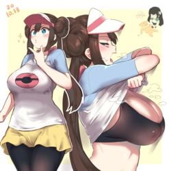 1:1 1girls alternate_breast_size big_breasts blue_eyes blush bra brown_hair cap curvy_figure double_bun female half-closed_eyes hat huge_breasts large_breasts nintendo ooyun pantyhose pokemon pokemon_bw pokemon_bw2 rosa_(pokemon) skirt twintails undressing yugion