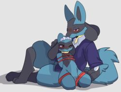 absurd_res ambiguous_gender anthro blush bondage bound clothing dana_the_lucario dress_shirt duo embarrassed female female/ambiguous fluffy genitals hi_res lounging lucario luuriolu maid_headdress nintendo nude one_eye_closed ornaa petting pokemon pokemon_(species) pussy riolu shirt topwear video_games