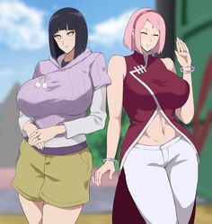 0byte 2girls 5_fingers abs alternate_breast_size bare_arms bare_shoulders belly belly_button big_breasts blue_hair blush blushing bob_cut boruto:_naruto_next_generations bracelet bracelets breasts breasts_bigger_than_head busty closed_eyes clothed clothes clothing curvaceous curvy curvy_figure female female_only forehead_jewel forehead_mark fully_clothed headband hips hoodie huge_breasts human hyuuga_hinata jacket jeans large_breasts legs lipstick looking_at_viewer mature mature_female milf multiple_girls naruto naruto_(series) navel oppai outdoors outside pale-skinned_female pale_skin pink_hair pink_lips pink_lipstick pose posing purple_eyes ring sakura_haruno shadow short_hair shorts sleeveless sleeveless_shirt smile smiling smiling_at_viewer smirk standing thick thick_thighs thighs thunder_thighs violet_eyes voluptuous waving wedding_ring white_pants wide_hips zero_byte