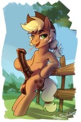 2020 2:3 absurd_res animal_genitalia animal_penis anthro applejack(male)_(mlp) applejack_(mlp) arm_support balls big_penis blonde_mane blonde_tail cutie_mark darkened_genitalia english_text equid equine equine_penis erection fence feral freckles friendship_is_magic fur genderswap genitals green_eyes hasbro hi_res horse huge_cock jedayskayvoker leaning_on_elbow looking_at_viewer male male_only mammal mane my_little_pony open_mouth orange_body orange_fur outside penis pony rule_63 semi-anthro signature smile solo standing straw_in_mouth text