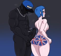1boy alternate_skin_color argentina argie_(hellonearthiii) big_ass big_penis black_skin blue_cap blue_hair ceci_escribano_(hellonearthiii) dark-skinned_male face_mask female flag hellonearthiii national_personification paint pout uk union_jack united_kingdom unseen_male_face