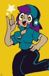 black_eyes black_pants blue blue_clothing blue_pants brawl_stars cute female headphones light_skin purple_hair sex shelly shelly_(brawl_stars) shelly_shotgun simple_background star star_eyes star_headphones star_shelly star_shelly_(brawl_stars) stars tagme woman yellow_background yellow_eyes