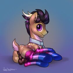 1:1 2020 absurd_res antlers anus balls bisexual bisexual_pride_colors black_hair black_nose blue_background blue_collar cervid chest_tuft clothing collar countershade_torso countershading deer english_text feral footwear fur genitals hair hasbro hi_res horn jedayskayvoker legwear looking_at_viewer lying male male_only mammal my_little_pony on_side pattern_clothing pattern_legwear pattern_socks perineum purple_eyes scut_tail signature simple_background smile socks solo spotted_fur striped_clothing striped_legwear striped_socks stripes tan_body tan_fur text thigh_highs tuft white_body white_fur