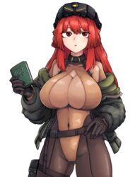 1girls cleavage curvy female formicid hat hime_cut huge_breasts last_origin light-skinned_female light_skin long_hair looking_at_viewer military military_uniform open_mouth red_eyes red_hair t-3_leprechaun_(last_origin) thick_thighs