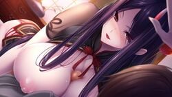 1boy areolae atelier_kaguya bedroom blush breasts breasts_out censored choco_chip demon_girl female horns horny huge_breasts indoor japanese_clothes long_hair nipples paizuri pov_eye_contact