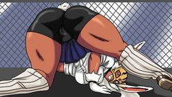 ass big_ass bunny_girl charge_sol dark_skin gloves highres long_hair looking_at_viewer mask miruko muscular_female my_hero_academia pussy rabbit_ears red_eyes rumi_usagiyama school_uniform shorts smile tagme thick thick_thighs thighs vigilante:_my_hero_academia_illegals white_hair