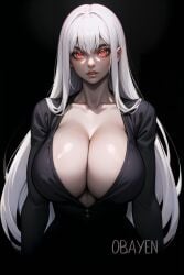 1girls ai_generated big_breasts breasts breasts_bigger_than_head busty female female_focus female_only glowing_eyes goth_girl hourglass_figure huge_breasts long_hair obayen pale-skinned_female pale_skin red_eyes red_lipstick smooth_skin solo solo_female vampire voluptuous voluptuous_female white_hair wide_hips