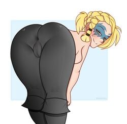 1girls angel anus ass blonde_hair boots brawlhalla brynn_(brawlhalla) female female_only green_eyes joytec no_shirt pants sideboob smile smiling smiling_at_viewer solo yoga_pants