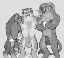 2018 animal_genitalia anthro balls big_balls biped black_and_white charr chest_tuft claws digital_media_(artwork) embarrassed fangs felid genitals group guild_wars half-erect hand_on_shoulder horn kai_keenhammer male male_only mammal monochrome multi_ear muscular muscular_male penile_spines penis rorik_ironwill sheath shy size_difference snowskau spots standing tuft vex_powerline video_games