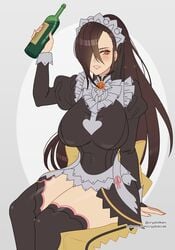 1girls absurdres alternate_costume arm_up bare_thighs black_hair blush bottle breasts brown_eyes brown_hair cryptid_crab fire_emblem fire_emblem_fates fire_emblem_heroes highres inner_thighs kagero_(fire_emblem) kagero_(halloween)_(fire_emblem) large_breasts lips long_hair looking_at_viewer maid maid_headdress maid_uniform nintendo official_alternate_costume one_eye_covered ponytail puffy_sleeves simple_background sitting smile solo solo_female thick_thighs thighhighs wine wine_bottle