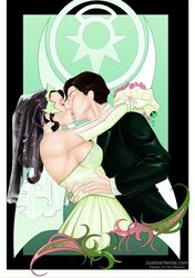 1boy 1girls bouquet brown_hair candle_(artist) canon_couple carol_ferris dark_purple_hair dc dc_comics green_lantern green_lantern_(series) green_lantern_corps hal_jordan justicehentai.com kissing star_sapphire_(dc) star_sapphire_corps tuxedo violet_lantern wedding wedding_dress