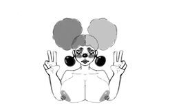 big_breasts big_earrings black_and_white blush bushy_eyebrows clown double_bun earrings jackal707 nude nude_female peace_sign puffy_nipples solo_female two_tone_hair