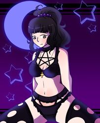 black_eyes black_hair cross_necklace danganronpa danganronpa_another fanganronpa kurokawa_mikako lingerie pentagram_lingerie ponytail smooth_skin stockings thick_thighs vvao_xxx