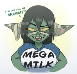 1girls 2019 bandages baseball_jersey black_hair brachyzoid breasts cleavage critical_role critical_role:_the_mighty_nein dungeons_and_dragons english english_text fantasy female female_only goblin goblin_female green_skin long_ears long_hair mature mature_female mega_milk milf mommy_kink nose_ring nott_the_brave red_eyes rogue sharp_teeth shortstack solo solo_female t-shirt yellow_sclera