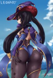 1girls ass ass_support big_ass big_butt blue_eyes breasts eye_contact female genshin_impact gloves grabbing_own_ass hat large_ass large_butt leonart looking_at_viewer looking_back mona_(genshin_impact) pantyhose thick thick_thighs thighs twintails witch_hat