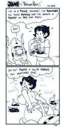 1boy 1girls ass buttjob clothed codpiece comic covered_buttjob female gamzee_makara gats homestuck jane_crocker panties shimapan striped_panties underwear