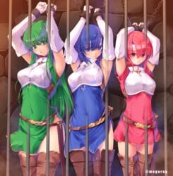 3girls arms_above_head arms_up bare_thighs blue_eyes blue_hair bondage boots bound breastplate brick_wall brown_footwear catria_(fire_emblem) chained chained_wrists chains covered_navel dungeon elbow_gloves est_(fire_emblem) female femsub fire_emblem fire_emblem:_mystery_of_the_emblem fire_emblem:_shadow_dragon_and_the_blade_of_light gloves green_eyes green_hair headband highres indoors kirishima_satoshi long_green_hair long_hair medium_breasts multiple_girls multiple_subs nintendo palla_(fire_emblem) pegasus_knight pink_eyes pink_hair short_blue_hair short_hair short_red_hair siblings sisters thigh_boots thighhighs thighs white_gloves white_headband