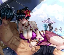 akiyama_rinko ass beach bikini black_hair blue_hair blush bracelet breasts censored cleavage erect_nipples flower flower_in_hair fuuma_kotaro_(taimanin) green_eyes hair_flower hair_ornament handjob igawa_asagi jewelry large_breasts long_hair mizuki_shiranui mizuki_yukikaze mosaic_censoring multiple_girls nail_polish navel necklace penis purple_bikini purple_nails r-wade smile straight succubus sunglasses sunglasses_on_head swimsuit taimanin_(series) taimanin_asagi taimanin_yukikaze umbrella updo water