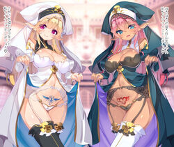 2girls absurdres bangs bare_shoulders black_legwear black_panties blonde_hair blue_eyes blurry breasts cleavage contrast cowboy_shot dark-skinned_female dark_elf dark_skin depth_of_field detached_sleeves elf fujishima-sei_ichi-gou garter_belt habit highres indoors large_breasts lingerie lips long_hair looking_at_viewer multiple_girls navel nun open_mouth original panties parted_bangs pink_eyes pink_hair pointy_ears presenting pubic_tattoo revealing_clothes shiny shiny_skin smile take_your_pick tattoo thighs translation_request underwear veil white_legwear white_panties