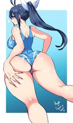 1girls big_breasts big_butt blue_eyes blue_hair blush butt curvaceous curvy_figure eye_contact favorite grabbing_own_butt hair_ribbon kaminashi_nozomi keijo!!!!!!!! kenron_toqueen long_hair looking_at_viewer looking_back one-piece_swimsuit ponytail sideboob swimsuit thick_thighs thighs