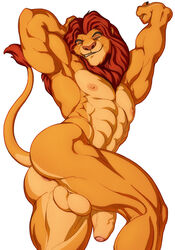 abs anthro anus ass balls biceps claws disney disney_characters felid flaccid foreskin fur genitals grin hair hand_behind_head humanoid_genitalia humanoid_penis lion male male_only mammal mane mane_hair mufasa muscular muscular_anthro muscular_male nipples nude one_eye_closed pantherine pecs penis pinup pose quads raised_arm schizoid simple_background smile solo standing stretching the_lion_king triceps uncircumcised uncut white_background