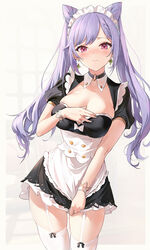 1girls blush cleavage covering_breasts cute dress dress_tug e_myo earrings embarrassed female female_only genshin_impact hand_on_breast keqing_(genshin_impact) large_breasts looking_at_viewer maid maid_headdress maid_uniform purple_eyes purple_hair short_dress skirt_pull skirt_tug smile solo thighhighs twintails yumaomi