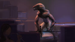 16:9 animal_humanoid bathtub dagger featureless_face female genitals hi_res humanoid lizard_humanoid male meandraco melee_weapon monster monstrous_humanoid nude penis reptile reptile_humanoid scalie scalie_humanoid solo_male standing sword teeth weapon wet widescreen