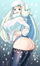 1girls ass big_ass big_breasts blue_eyes breasts bursting_butt curvy_figure earrings female hat human kenron_toqueen long_hair mature_female melony_(pokemon) milf mother nintendo panties pants_down pokemon pokemon_ss solo spankable standing thick_thighs thighs white_hair