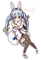 blue_hair dress hololive hololive_fantasy hololive_japan leggings lewdishsnail nipple nipple_peek nipple_slip nipples panties pulling_down_dress rabbit rabbit_ears red_eyes smile smiling solo solo_female twin_braids twintails usada_pekora virtual_youtuber white_dress